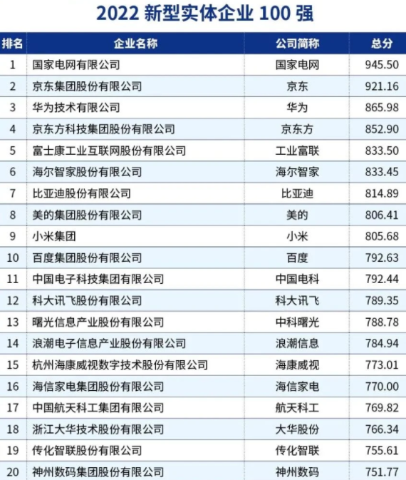 2022新型实体企业100强（部分）